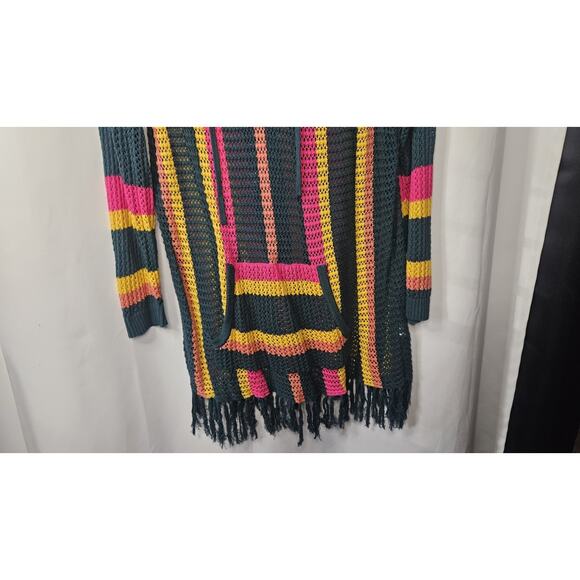 Torrid Striped Open Stitch Pullover Fringe Hem Sweater 1X Kangaroo Pocket Boho - Picture 3 of 7
